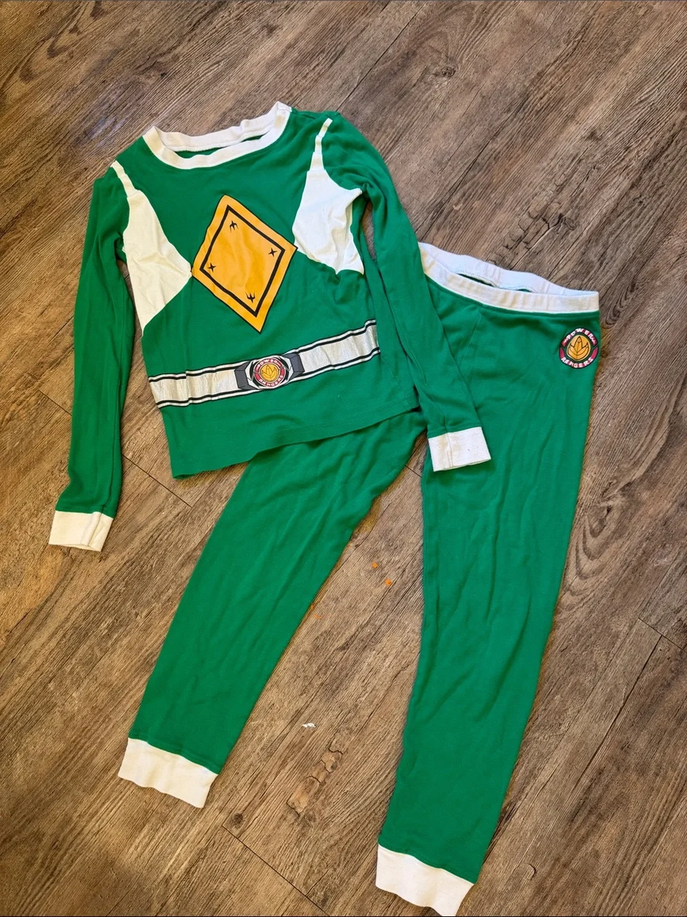 Power Ranger Green Pajama Set with Yellow Badge and White Trim
